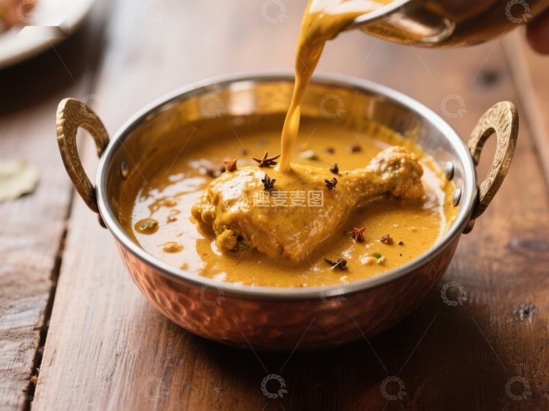 高清大图下载【趣麦麦图】咖喱鸡肉倒入铜碗