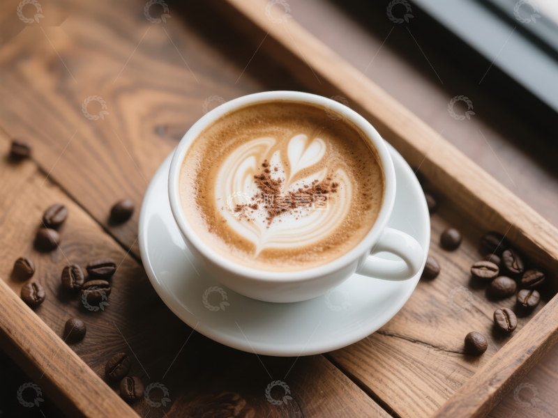 高清大图下载【趣麦麦图】木盘上的拿铁咖啡与咖啡豆
