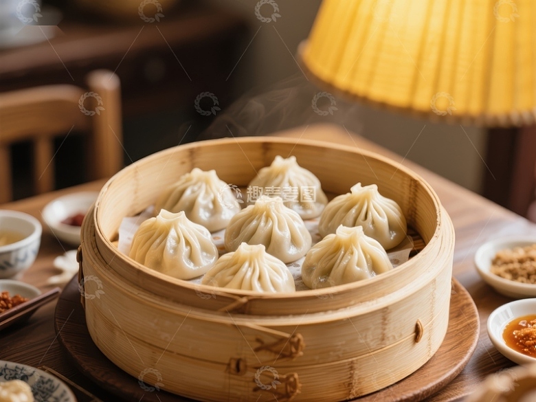 热腾腾的蒸饺在竹笼中散发香气