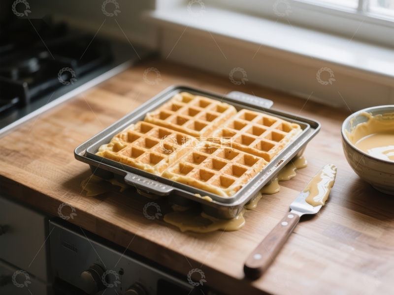 高清大图下载【趣麦麦图】新鲜出炉的华夫饼在烤盘中