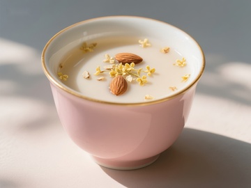 粉色碗中的杏仁花茶