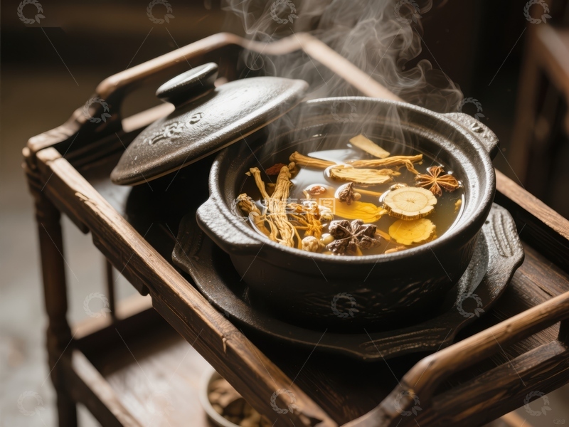 高清大图下载【趣麦麦图】热气腾腾的中药炖锅
