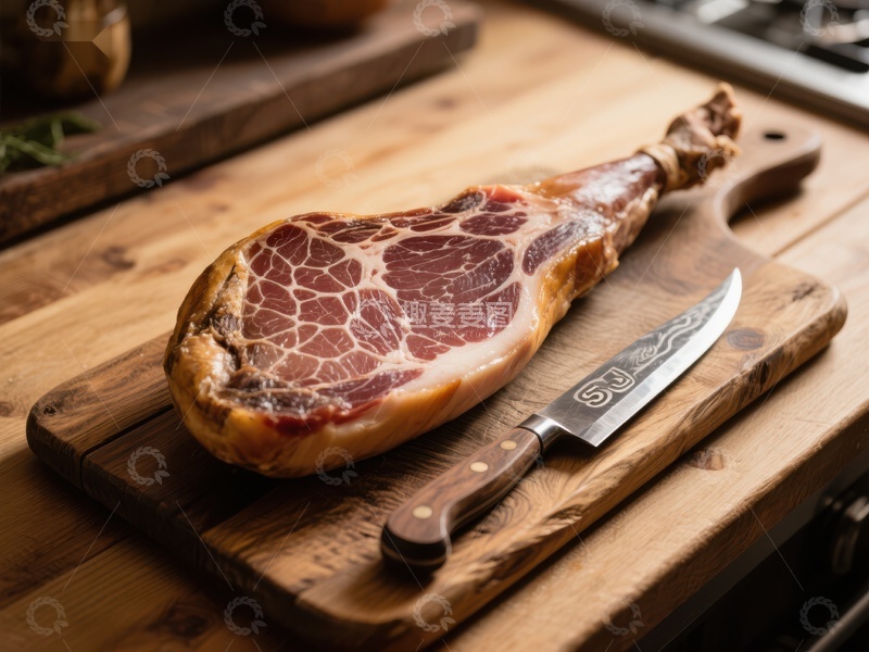 高清大图下载【趣麦麦图】木板上的火腿与刀具