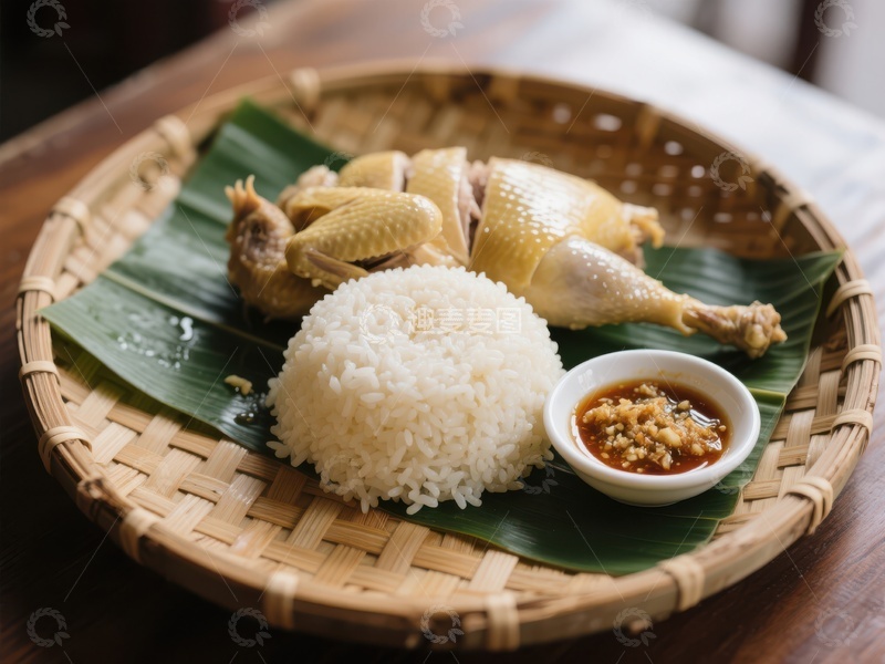 高清大图下载【趣麦麦图】椰叶上的鸡肉配米饭