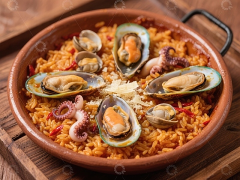 海鲜饭特写：色彩斑斓的美食