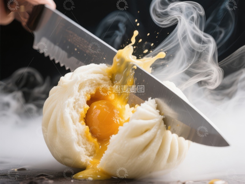高清大图下载【趣麦麦图】刀切包子，蛋黄四溅