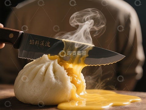 热气腾腾的包子被刀切开，汤汁四溢