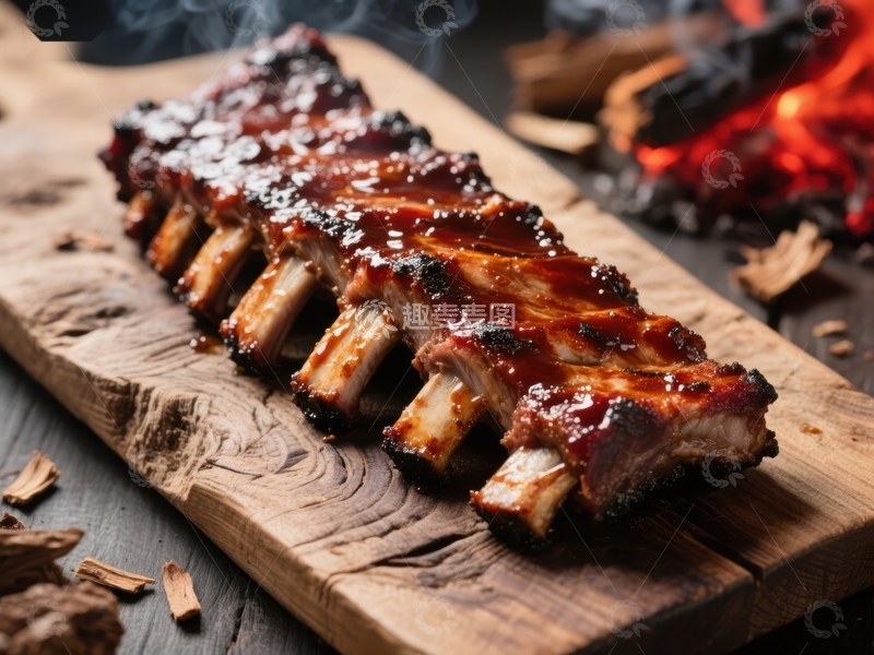 高清大图下载【趣麦麦图】烤制美味排骨，烟熏火光相伴