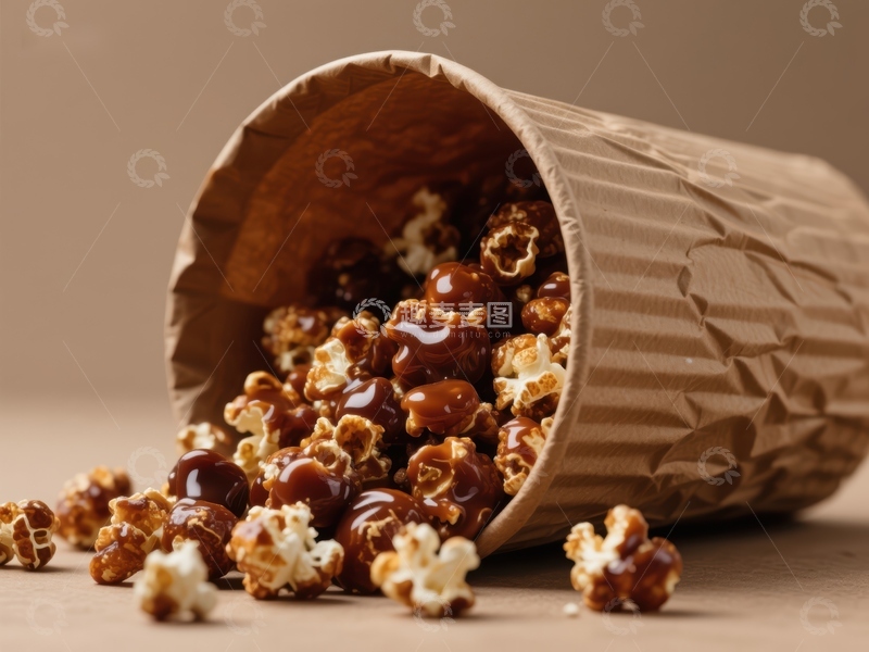 高清大图下载【趣麦麦图】倾倒的纸杯中洒落的焦糖爆米花