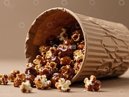 倾倒的纸杯中洒落的焦糖爆米花