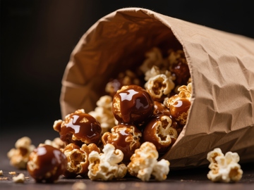 焦糖爆米花从纸袋中倾泻而出
