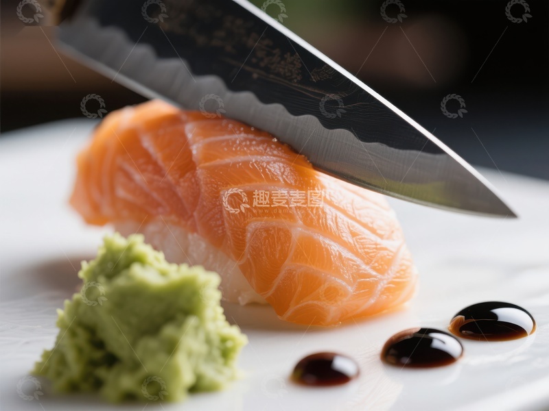 高清大图下载【趣麦麦图】刀切三文鱼寿司，配芥末和酱油