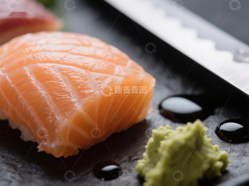 高清大图下载【趣麦麦图】新鲜三文鱼寿司配芥末和酱油