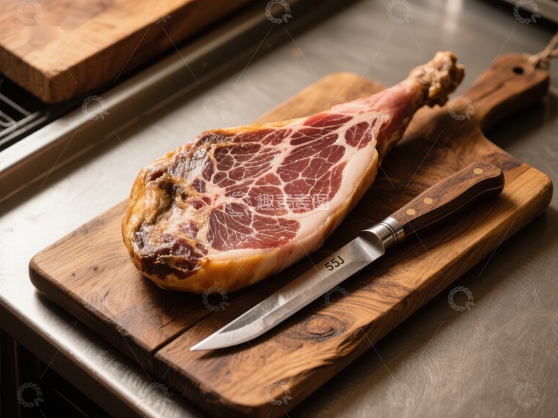高清大图下载【趣麦麦图】火腿置于木板，配刀具特写