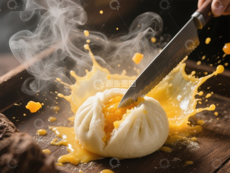 高清大图下载【趣麦麦图】刀切包子，蛋黄四溅