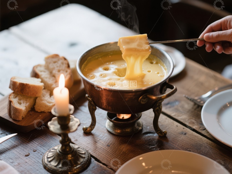 高清大图下载【趣麦麦图】奶酪火锅与面包片的温馨晚餐