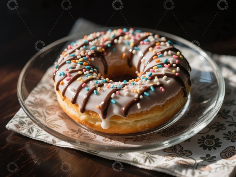 高清大图下载【趣麦麦图】巧克力淋面甜甜圈，彩色糖粒点缀