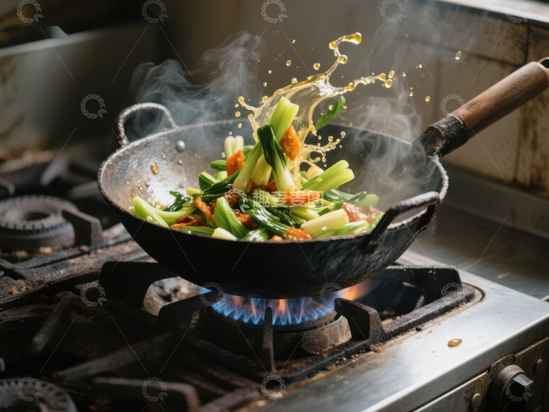 高清大图下载【趣麦麦图】热锅快炒蔬菜，蒸汽四溢