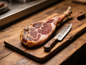 火腿与刀具的静物展示