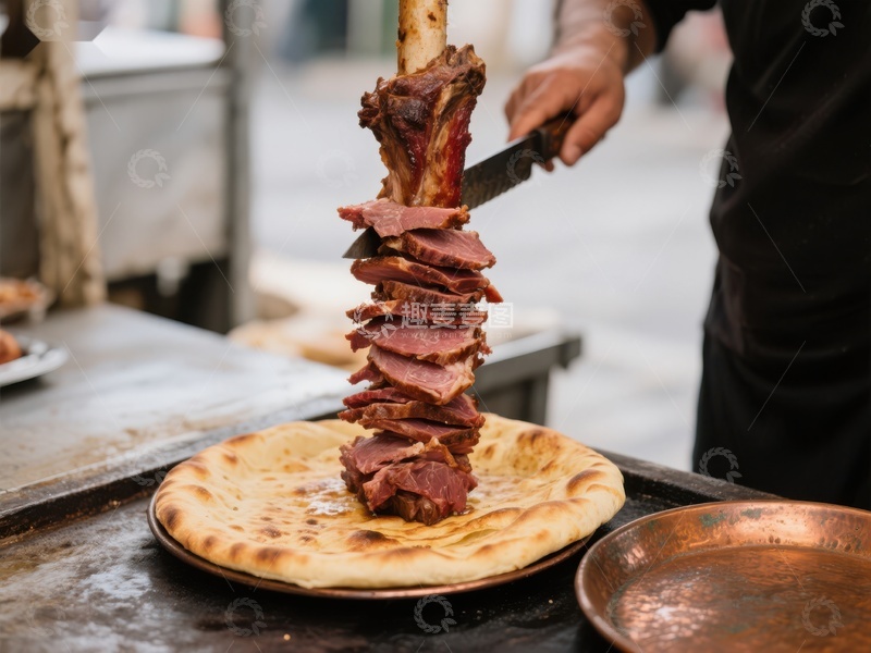 高清大图下载【趣麦麦图】街头烤肉串切片，搭配面饼