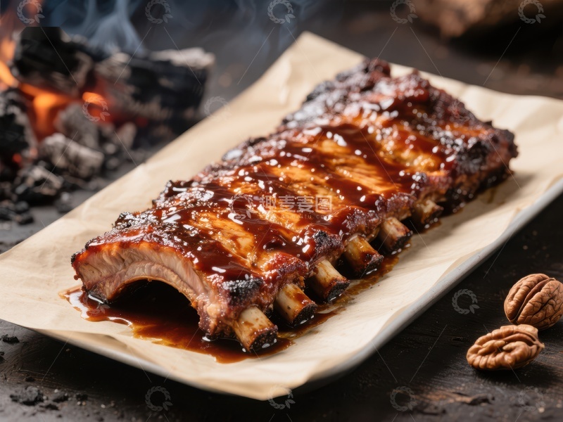 高清大图下载【趣麦麦图】烟熏排骨配核桃，炭火背景