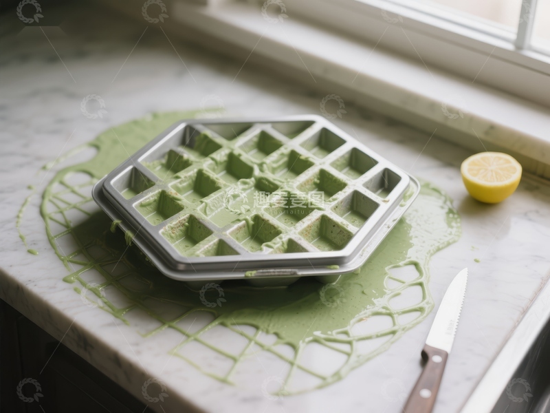 高清大图下载【趣麦麦图】绿色冰块模具溢出，厨房台面场景