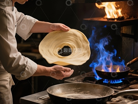 厨师在火焰旁制作面食
