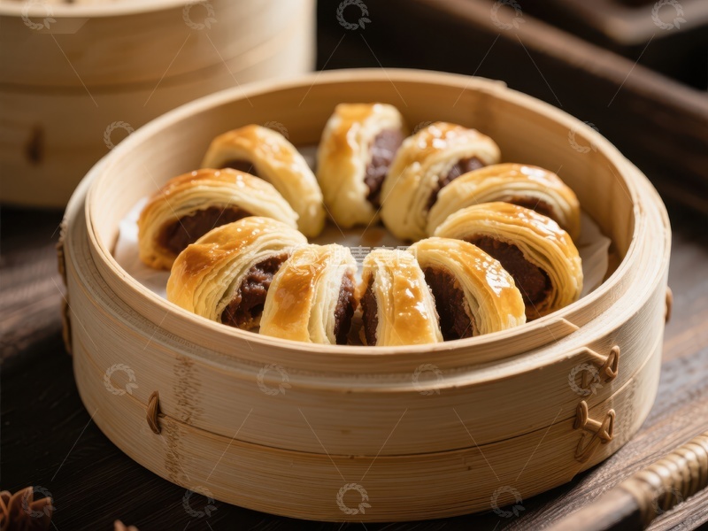 高清大图下载【趣麦麦图】竹蒸笼中的金黄酥皮点心