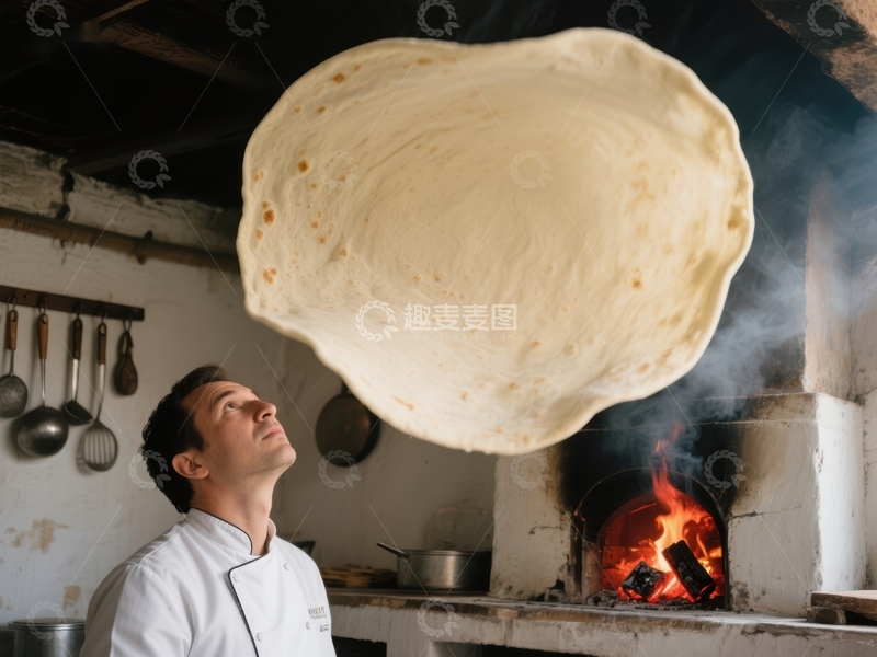 高清大图下载【趣麦麦图】厨师抛掷面饼，火焰烘烤