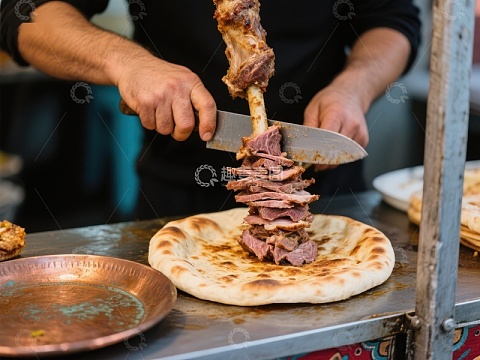 街头美食：烤肉切片与面饼