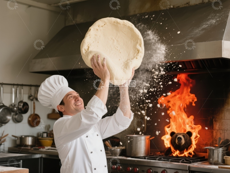 高清大图下载【趣麦麦图】厨师抛洒面团，熊在火中微笑
