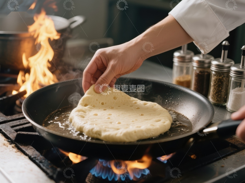 高清大图下载【趣麦麦图】-厨师翻煎面饼，火焰灶台