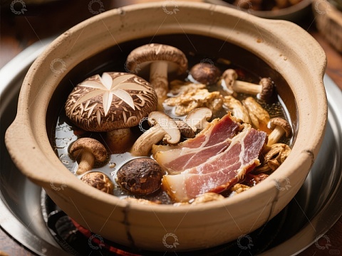 砂锅炖煮的蘑菇与肉片