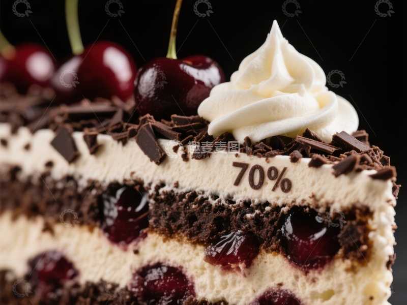 高清大图下载【趣麦麦图】黑森林蛋糕切片，顶部装饰樱桃和奶油