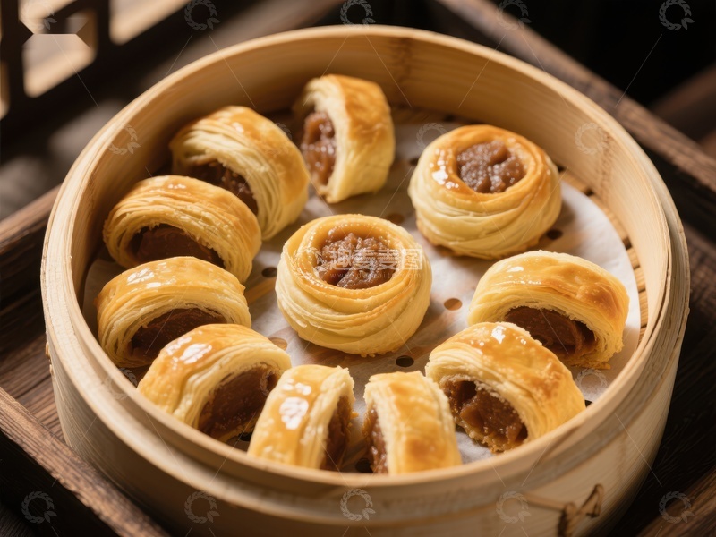 高清大图下载【趣麦麦图】金黄酥皮点心蒸笼中摆放