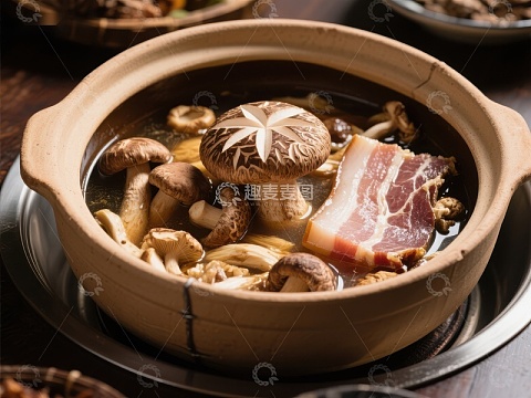 砂锅炖煮香菇培根美食