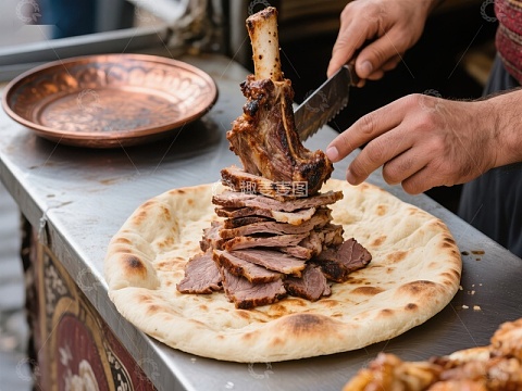 街头美食：烤肉切片置于面饼之上