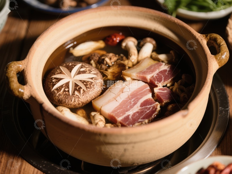 高清大图下载【趣麦麦图】砂锅炖肉，香菇与五花肉的美味组合