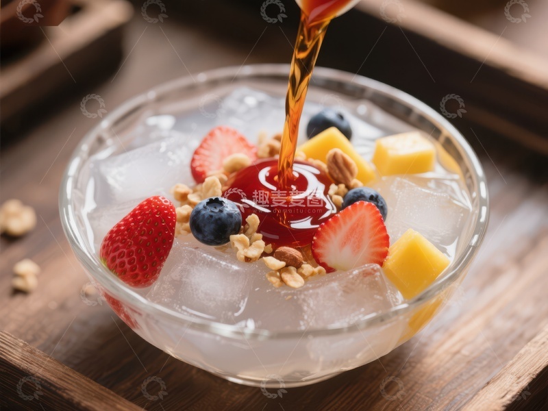 高清大图下载【趣麦麦图】水果冰沙浇糖浆，夏日清凉饮品