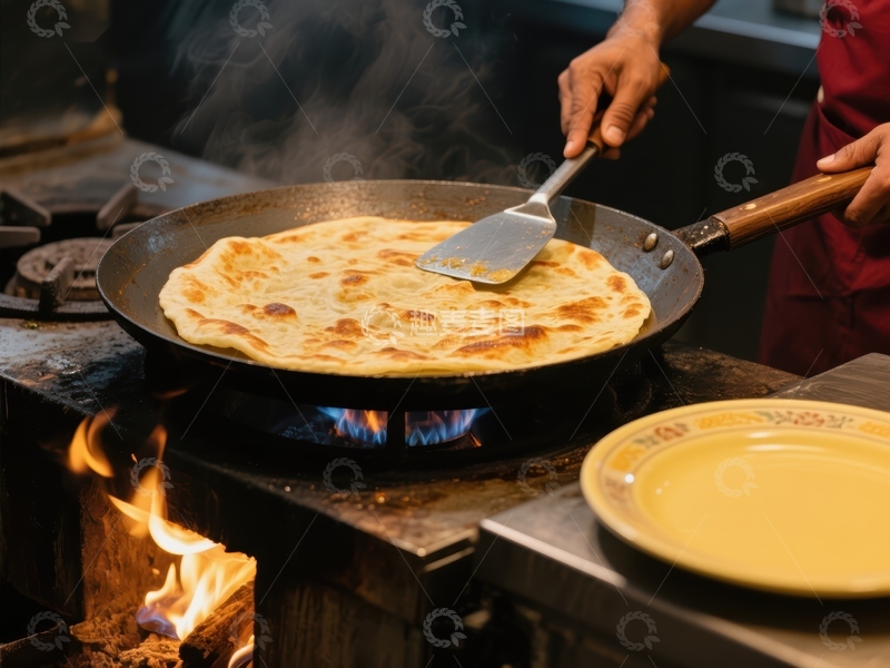 高清大图下载【趣麦麦图】厨师正在煎锅上翻烤面饼