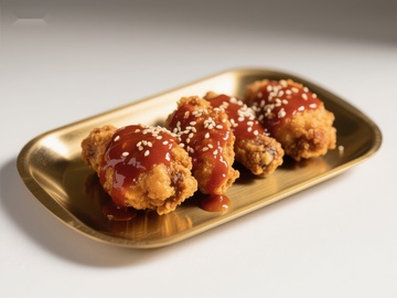 酱汁鸡块配芝麻，金盘盛放