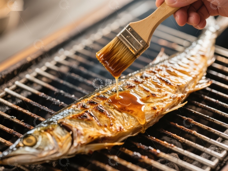 高清大图下载【趣麦麦图】烤鱼刷酱，美味烹饪瞬间