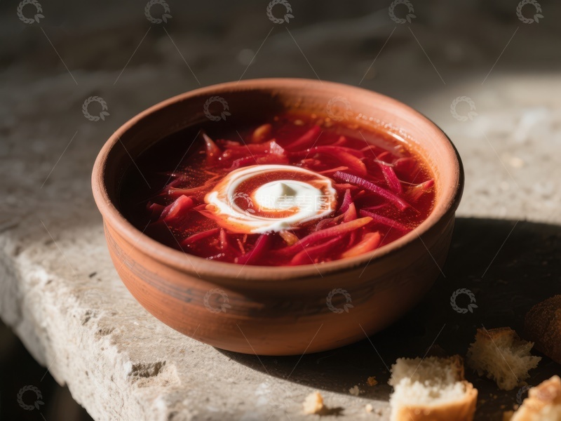 高清大图下载【趣麦麦图】红菜汤盛于陶碗中，配以面包