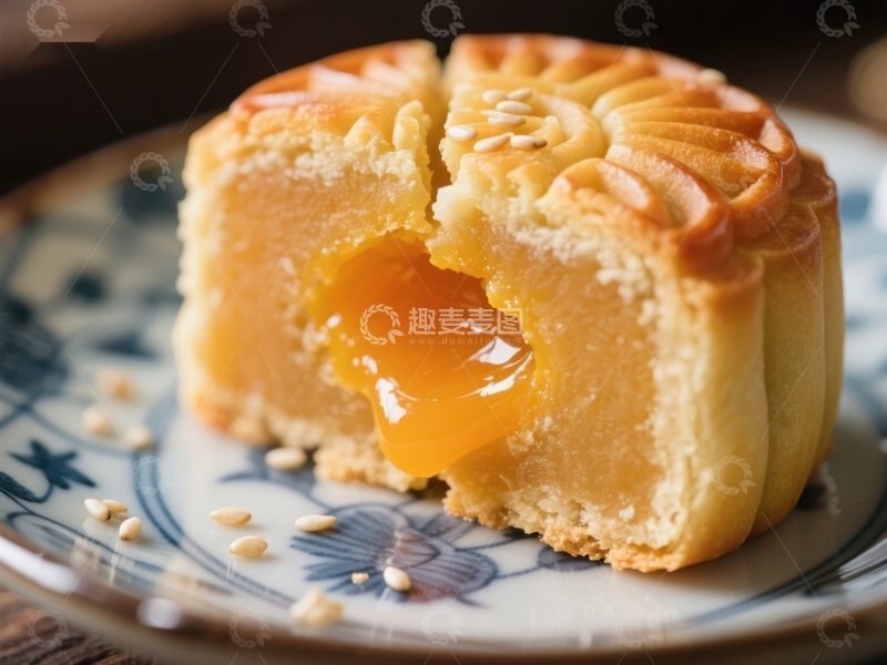 高清大图下载【趣麦麦图】金黄月饼切开流心特写