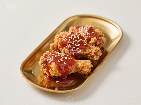 酱汁鸡翅配芝麻，金盘盛放