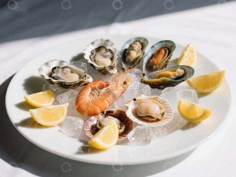 高清大图下载【趣麦麦图】冰镇海鲜拼盘，搭配柠檬