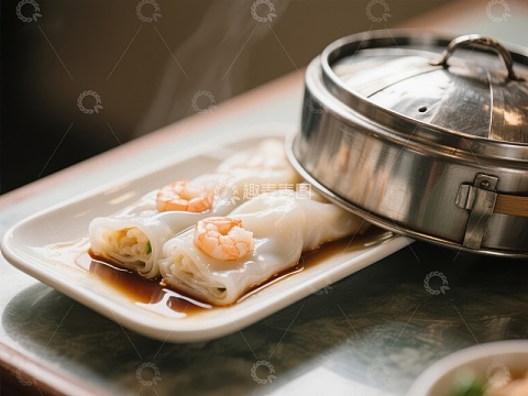 蒸笼旁的鲜虾肠粉