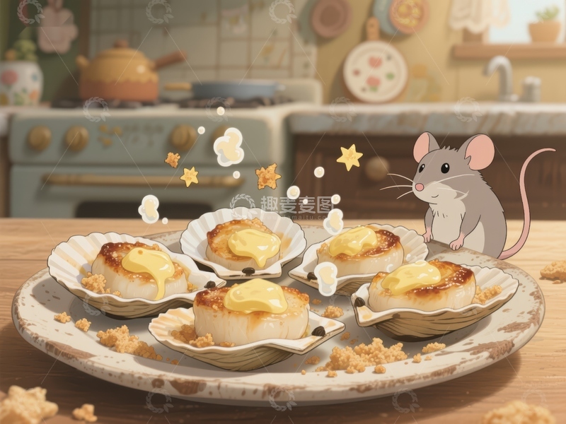 高清大图下载【趣麦麦图】厨房里的美味贝类与小老鼠