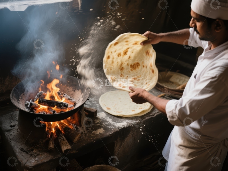 高清大图下载【趣麦麦图】厨师在火炉旁制作传统面饼