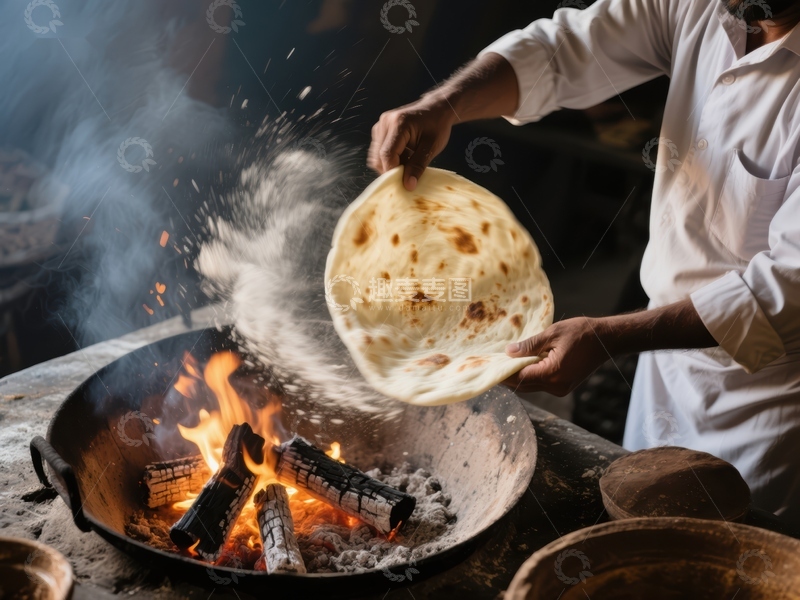 高清大图下载【趣麦麦图】-传统烤饼制作：火焰上的美食